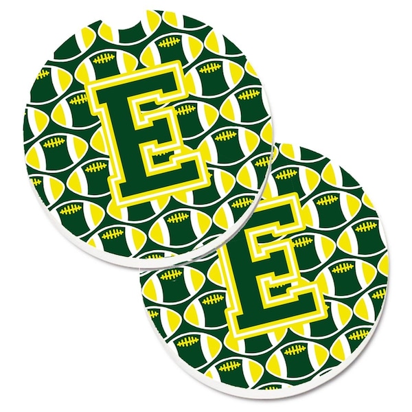 Carolines Treasures Letter E Football Green and Yellow Set of 2 Cup Holder Car Coaster CJ1075-ECARC - main
